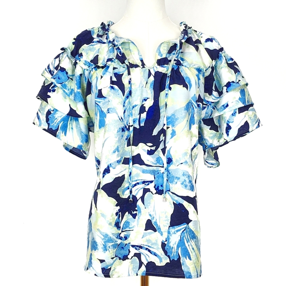 NWT Badgley Mischka Layered Ruffle Sleeve Floral Top Size Large Blue Green White